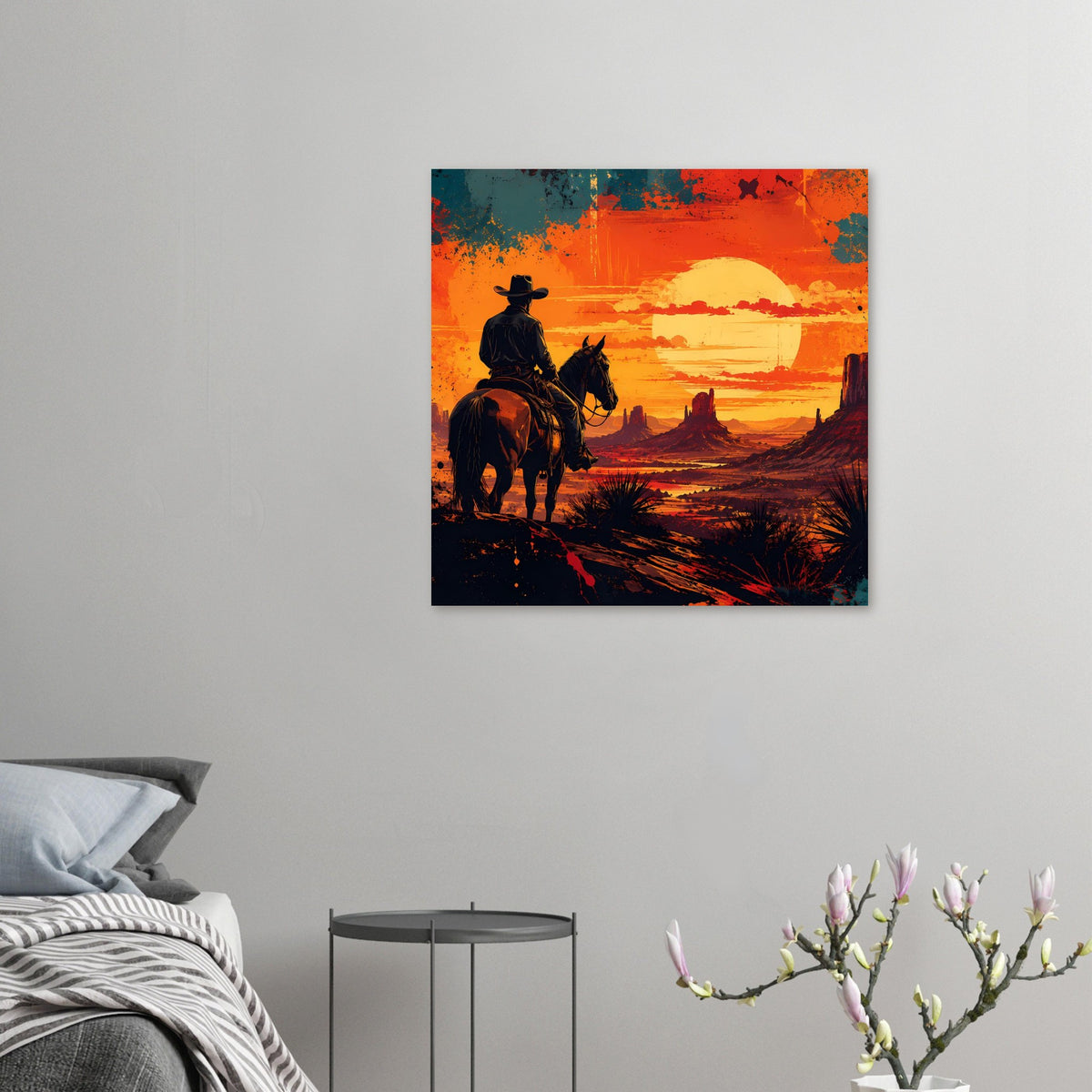 Kleines Cowboy-Poster: Reiter auf Pferd, gelber Mond und Westernwüste in Rot-Orange
