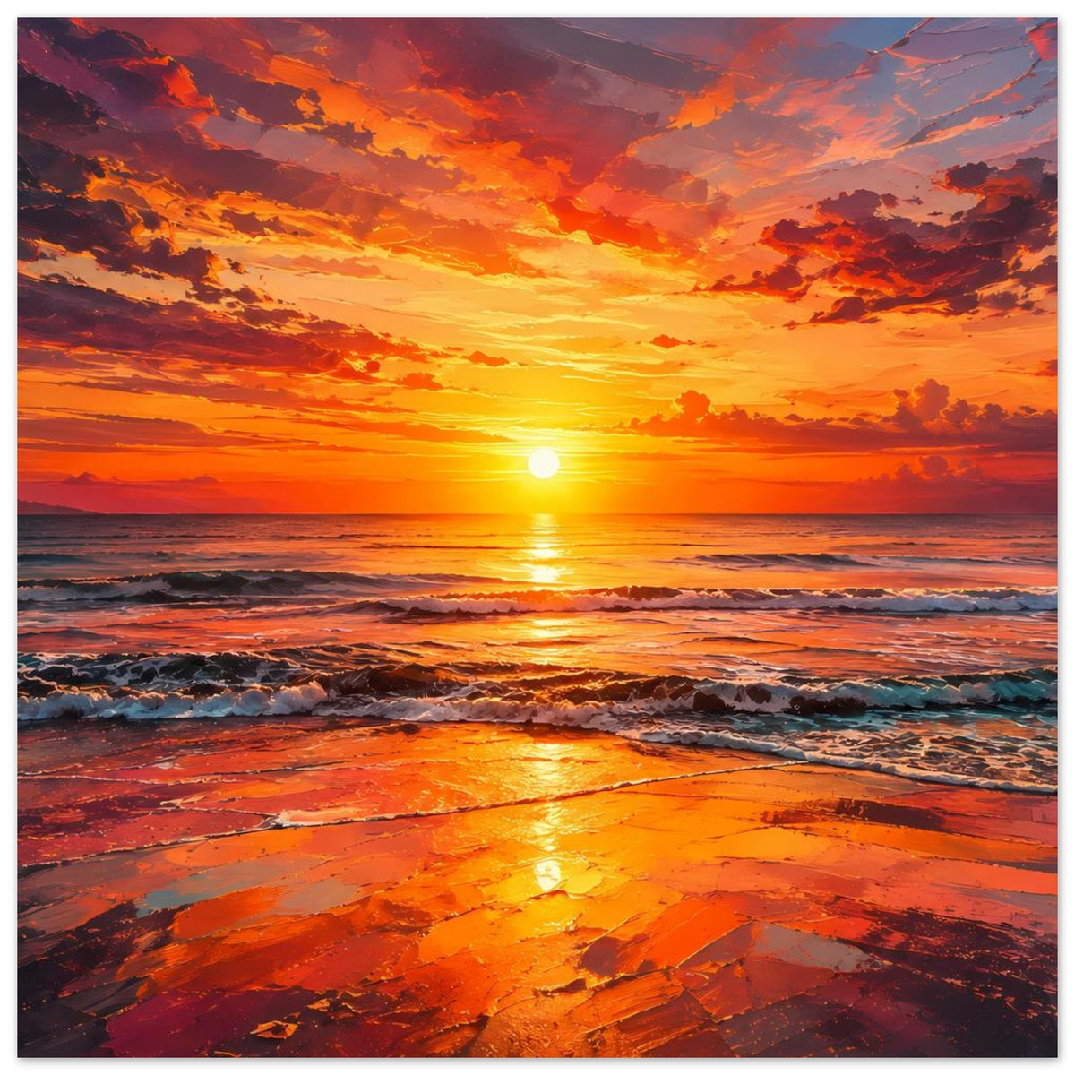 Horizontales Poster mit Sonnenuntergang am Meer: orangegelbe Sonne, spritzende Wellen am Strand