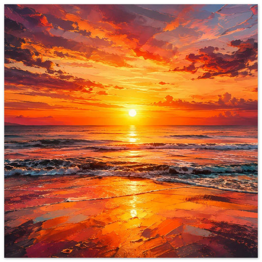 Horizontales Poster mit Sonnenuntergang am Meer: orangegelbe Sonne, spritzende Wellen am Strand