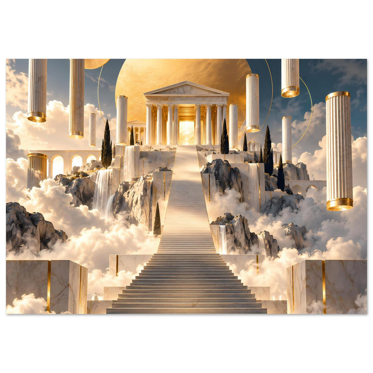Querformatiges Kunstposter: goldener Tempelgang mit Säulen, Wasserfontänen und Wolken