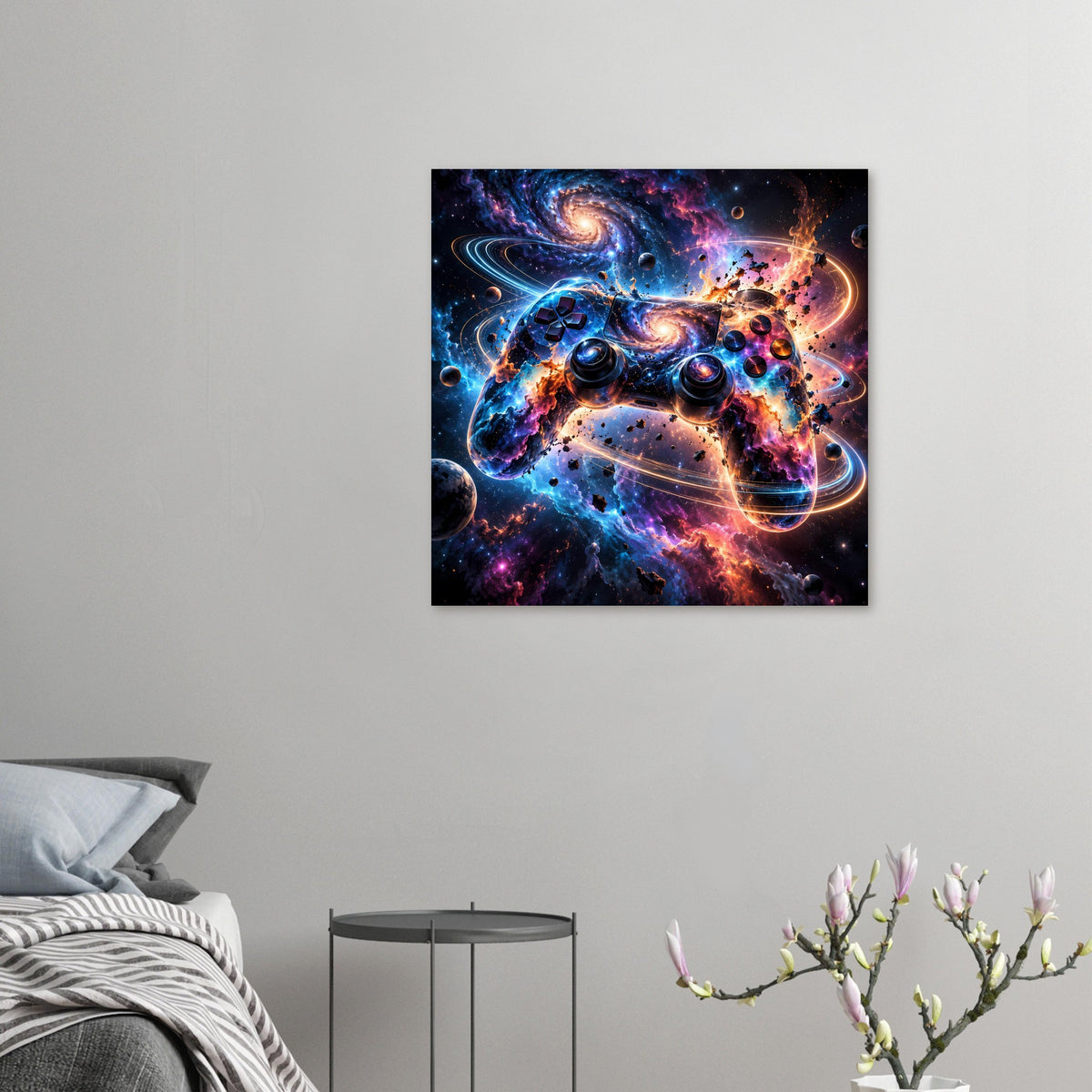 Quadratisches Gaming-Poster mit Galaxie-Controller-Motiv, Sternenfelder und Nebel