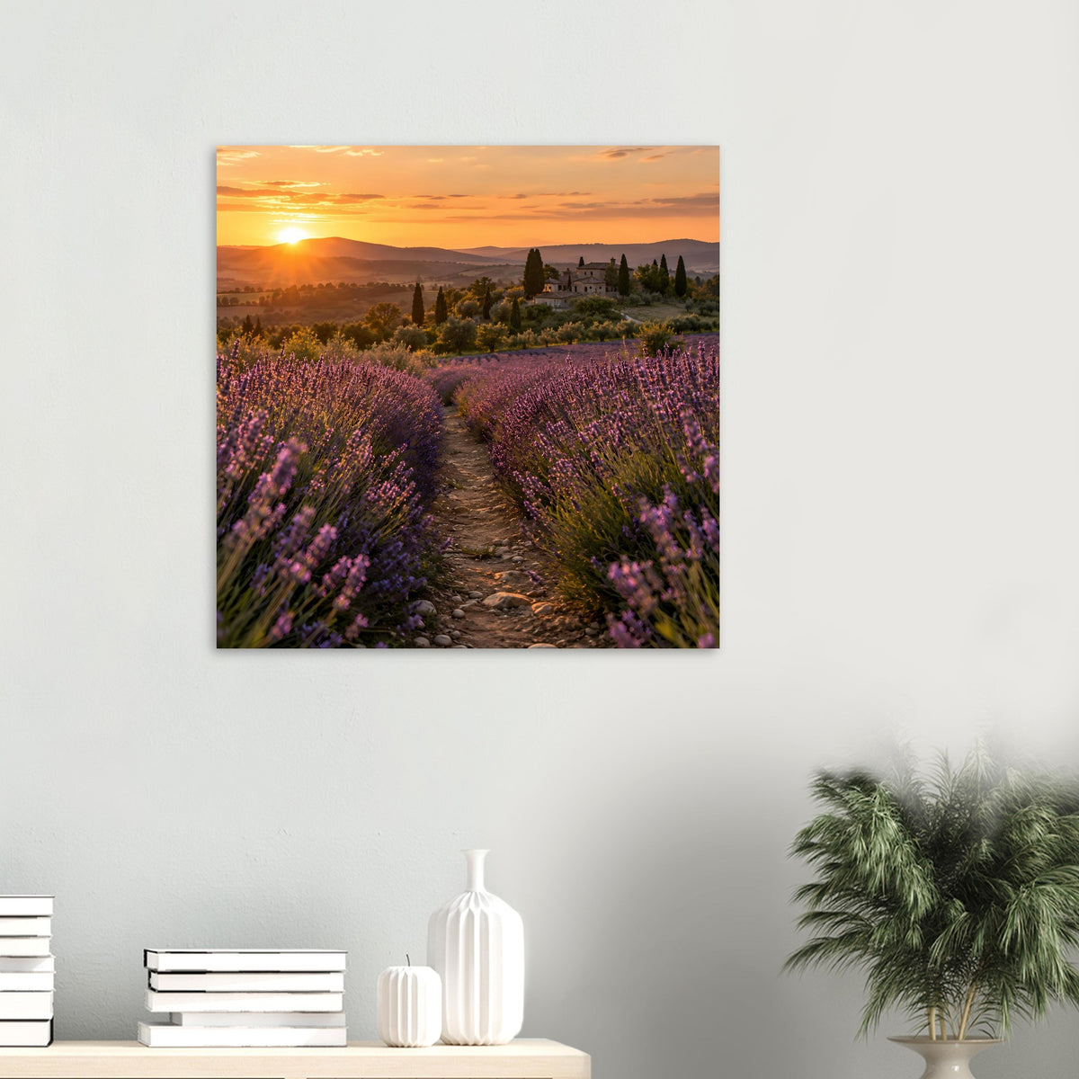 Quadrat-Poster: Lavendelfelder, Pfad und Schloss im goldenen Abendhimmel