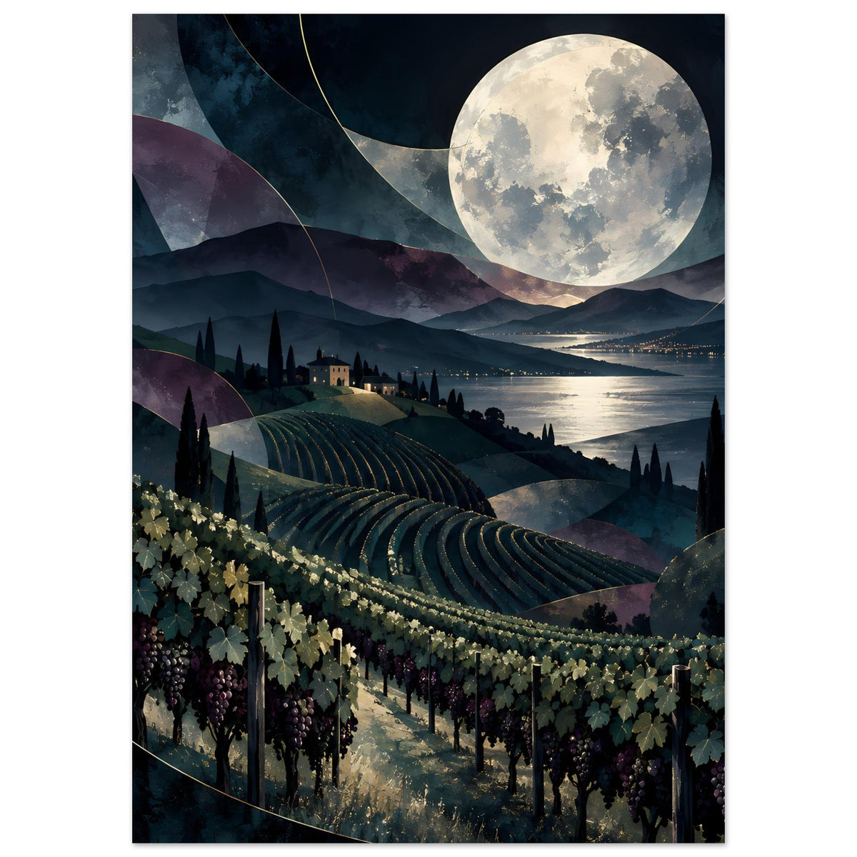 Nachtlandschaftsposter mit Weinreihen, Vollmond über Wasser, dunkle Landschaft im Mondschein