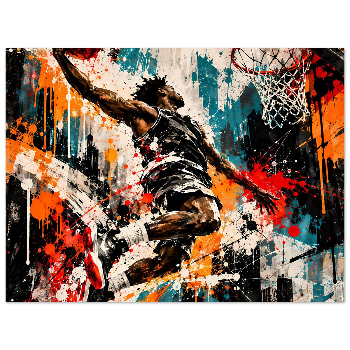 Basketball-Poster mit Spritzkunst: Spieler zum Korb, Basketball, Spritzer und Linien