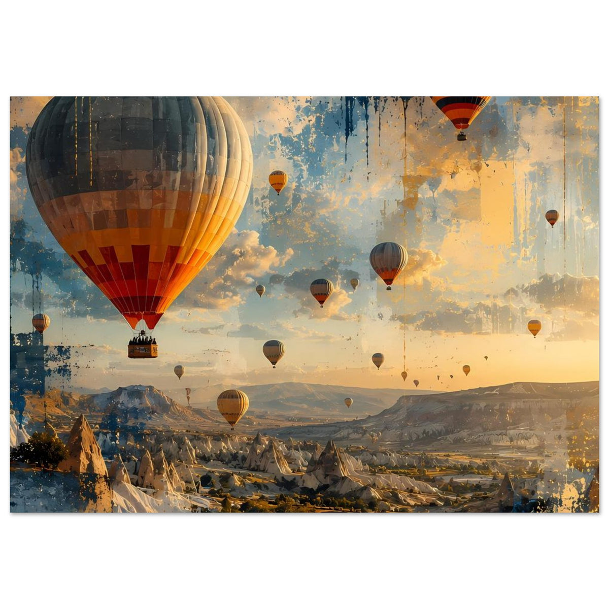 Poster mit großem Heißluftballon links und mehreren kleineren Ballons, abstrakte Landschaft