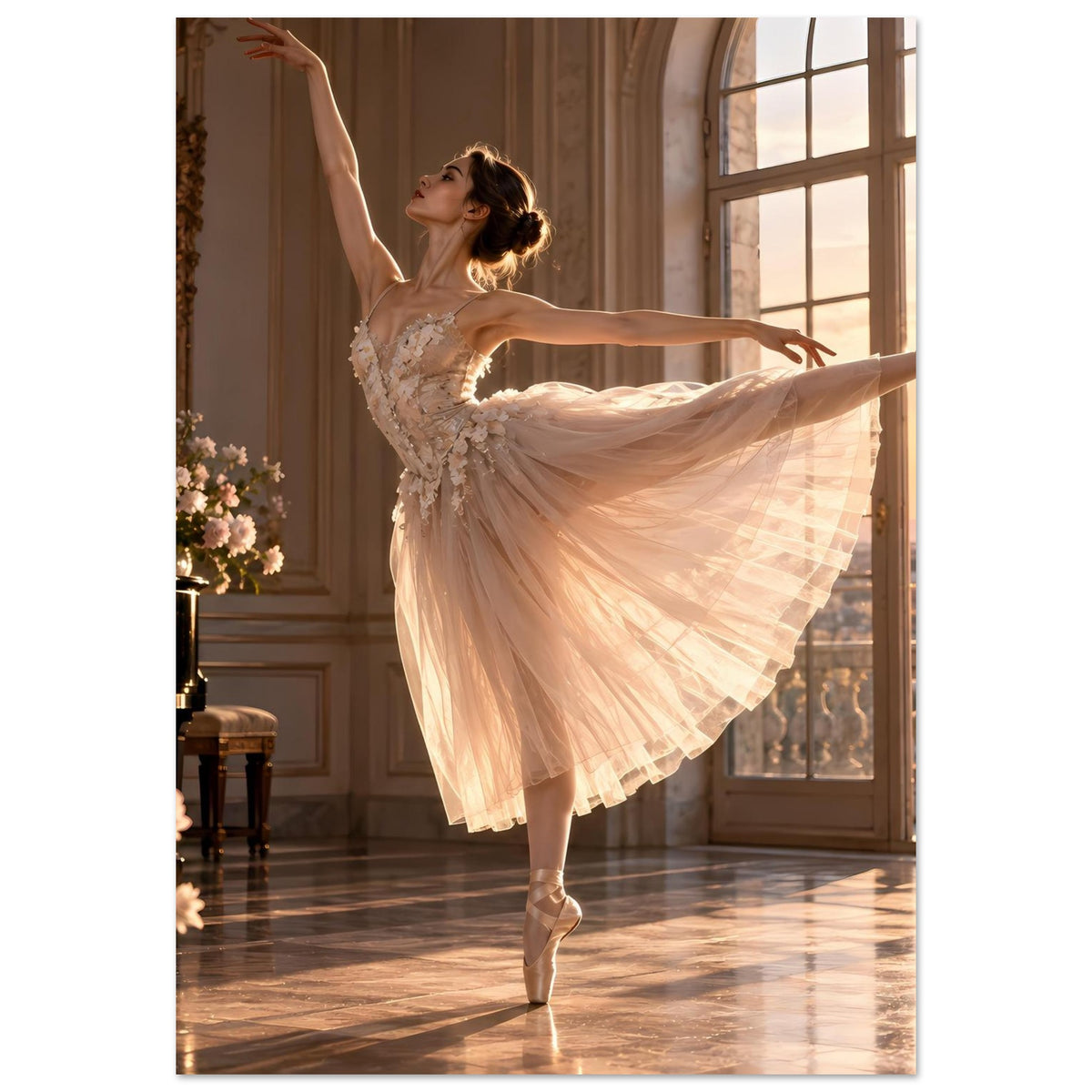 Poster: Ballerina im beigen Tutu mit Spitzelementen, anmutige Tanzpose auf Zehenspitzen