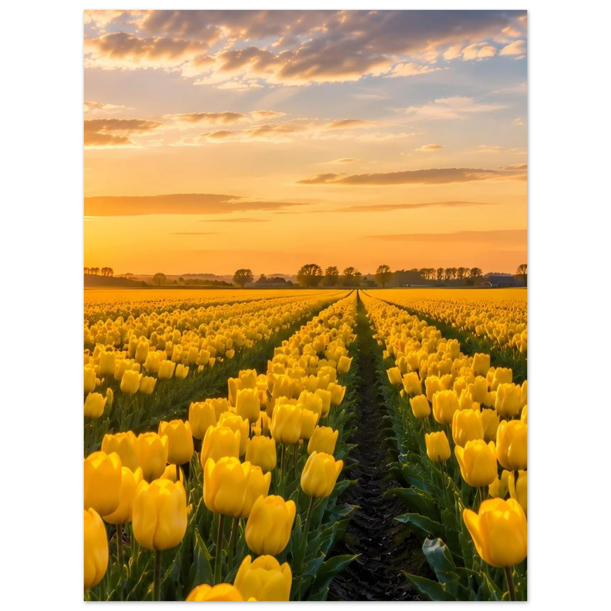 Poster mit gelbem Tulpenfeld und dunklem Weg zur holländischen Windmühle im Abendlicht