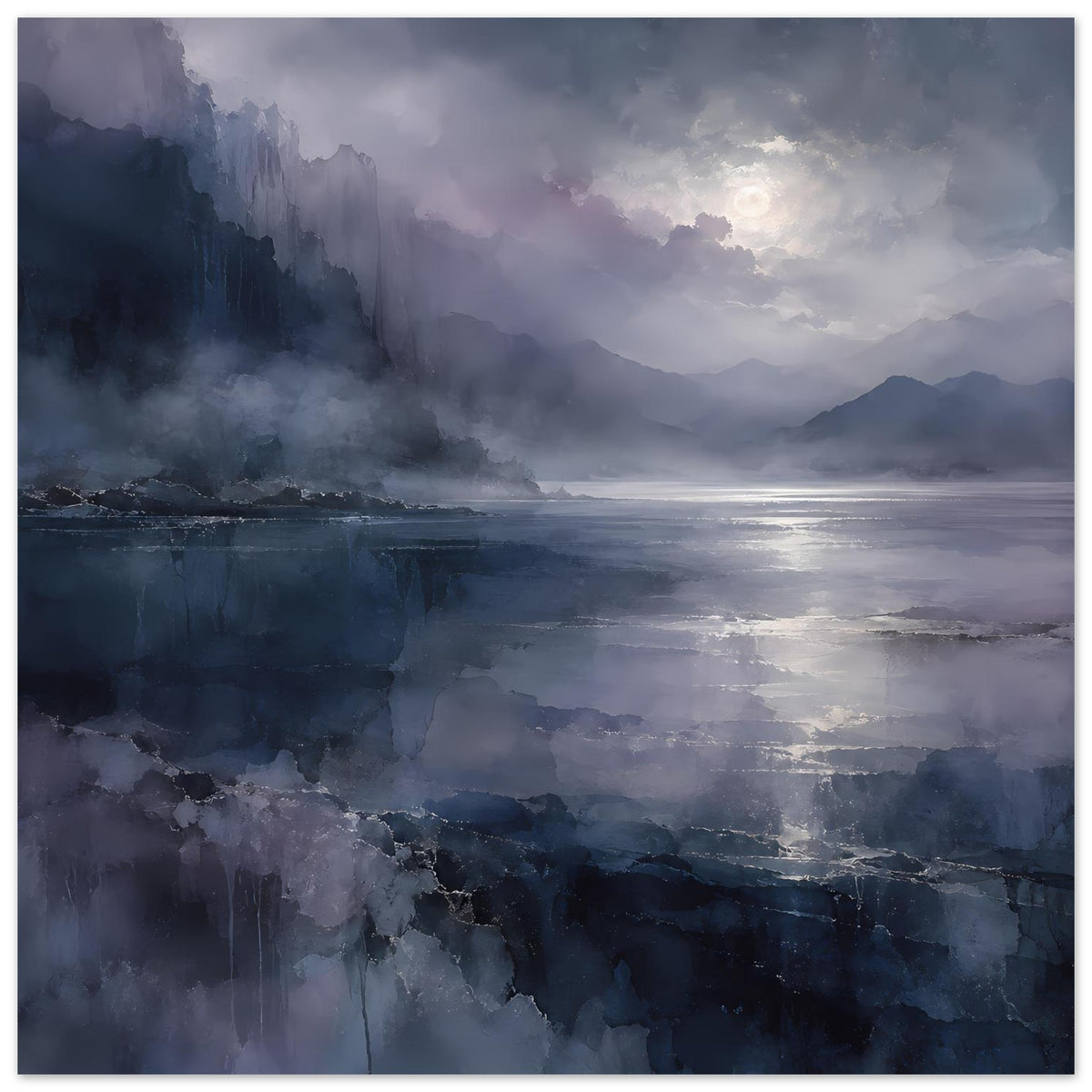 Hochformat-Poster mit Nachtwolkendecke, Bergen und abstrakter Textur in Blau und Violett.