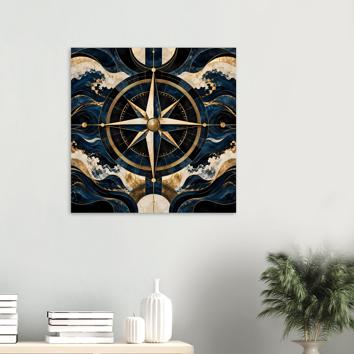 Kleines Navigationsposter mit Kompassrose, goldenen Linien und blau-beigem Wellenmuster