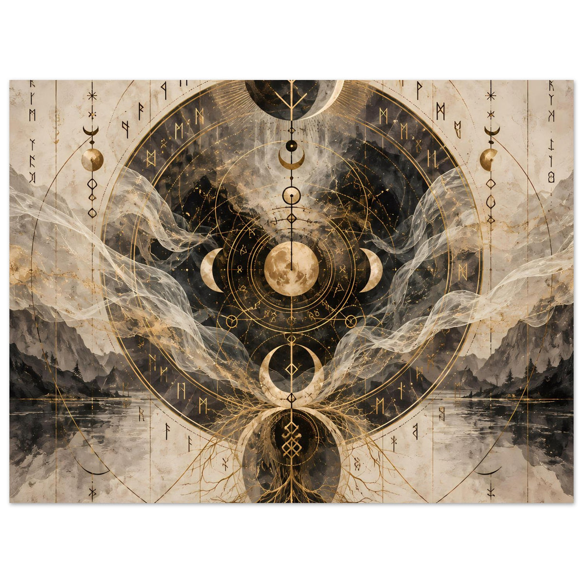 Horizontales Wandposter mit Mondphasen-Mandala, goldenen Linien und langen Nebelwolken