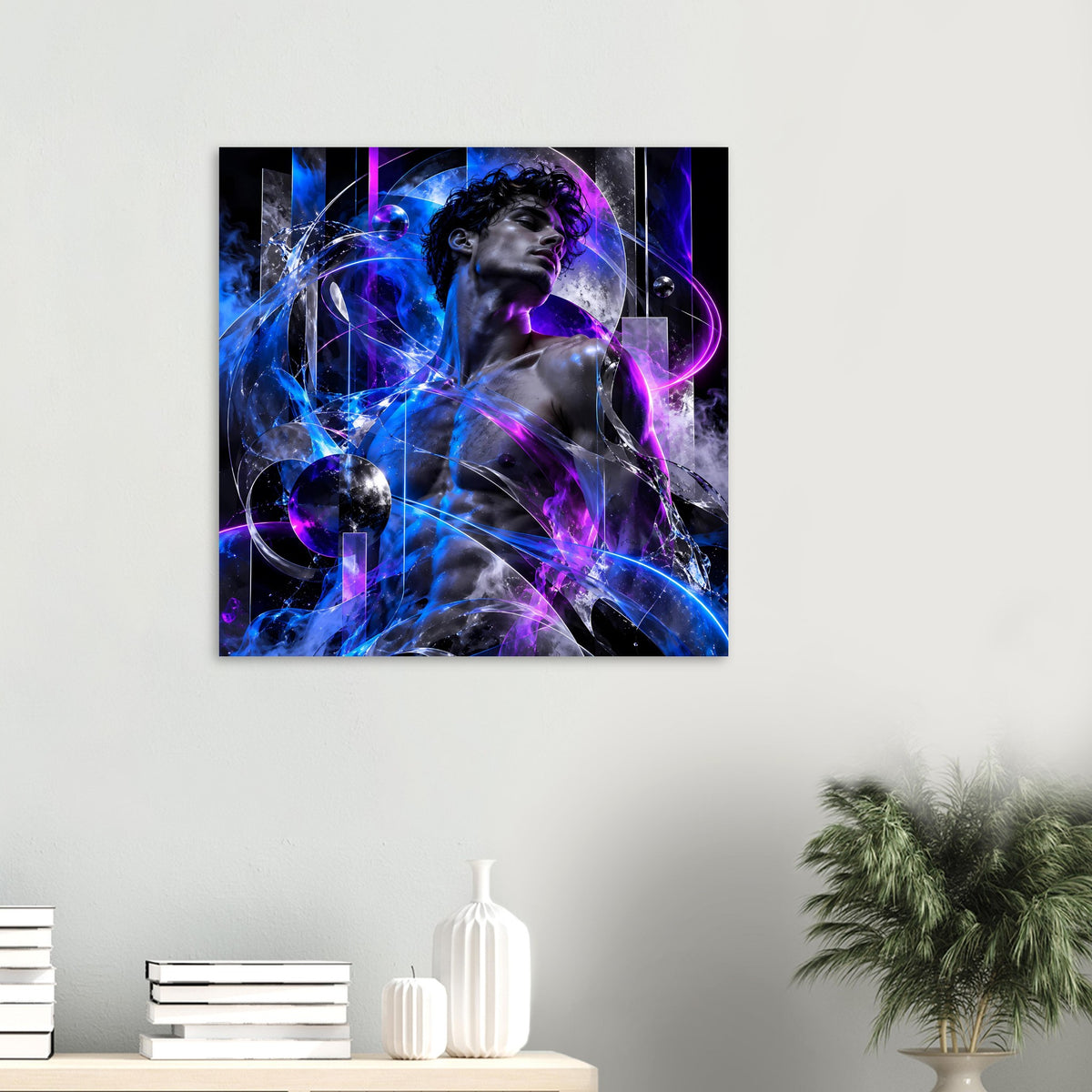 Rechteckiges Poster mit kosmischer Energiefigur in Blau und Violett, abstrakte Kreise