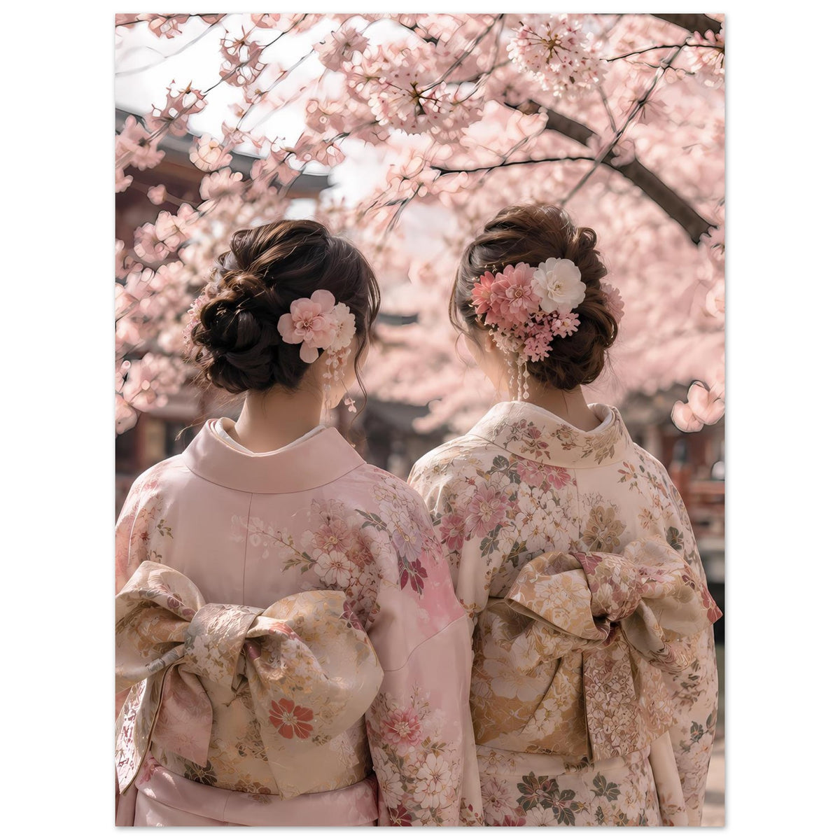 Kirschblüten-Kimono-Poster im Hochformat: zwei Frauen in Pastell-Kimonos