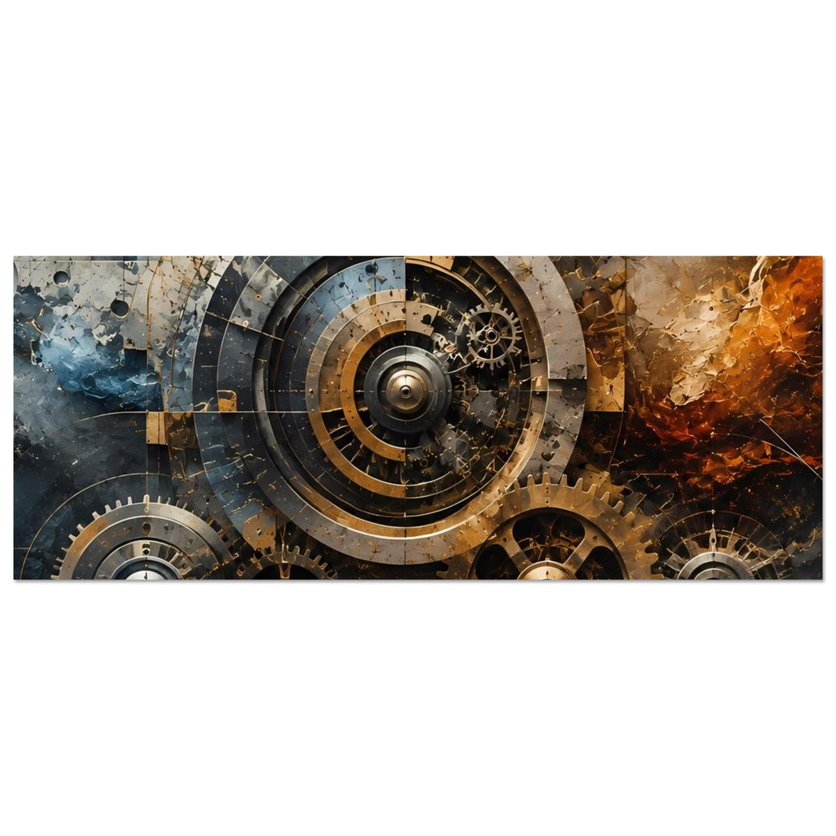 Steampunk-Gear-Poster (querformat) mit Zahnrädern und zentralem Kreisgetriebe in warmen Tönen