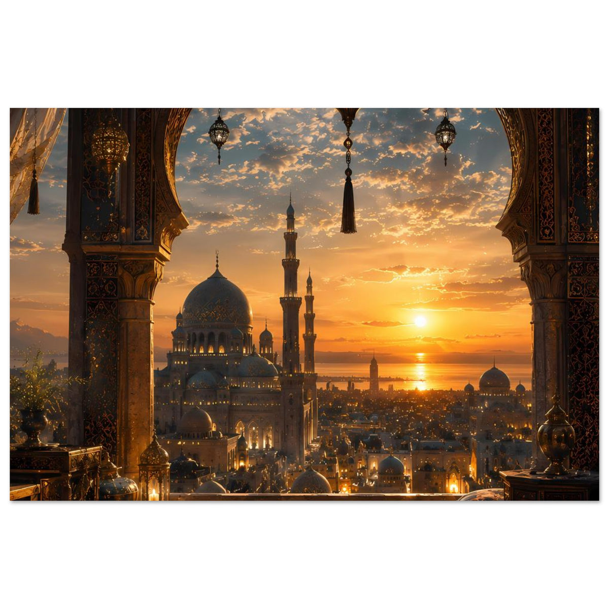 Wandposter: Blick durch Rundbogen auf Moschee bei Sonnenuntergang mit Kuppel und Minaretten