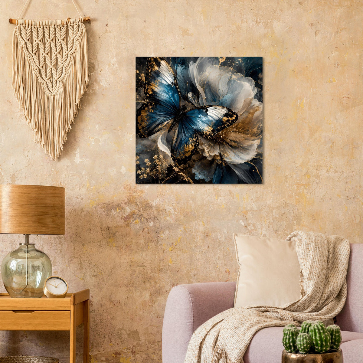 Quadratisches Wandposter: blauer Schmetterling mit weißen Flügeln und goldenen Punkten