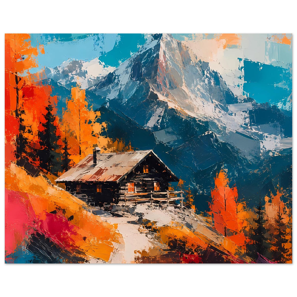 Querformat-Poster mit Alpenhütte im Tal, dramatische Berge in Blau und Orange