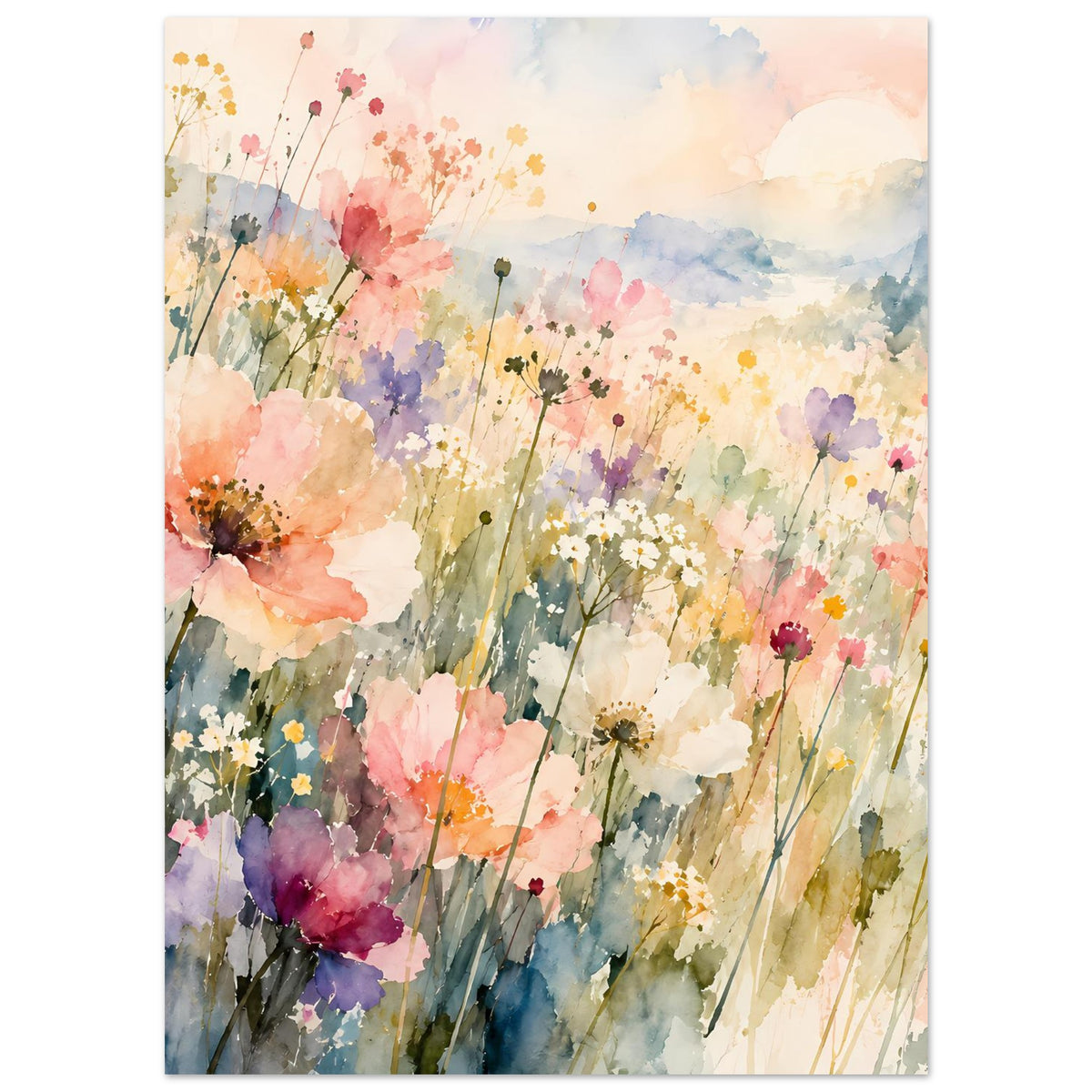 Aquarell-Poster mit Wildblumen in Pastell, bunte Punkte und Blüten auf schlanken Stielen