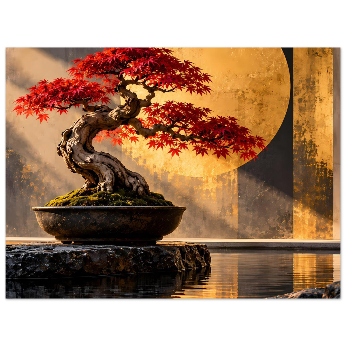 Bonsai-Poster mit rotem Ahorn, Stein-Schale und Spiegelung im Wasser vor goldenem Halbkreis