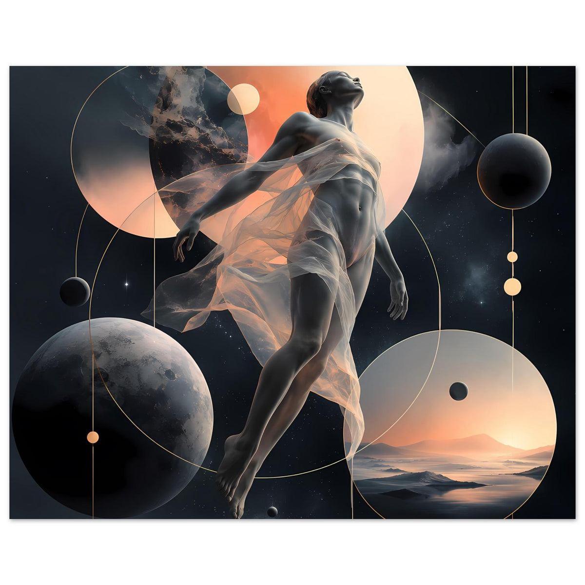Poster mit abstrakter Figur und Himmelskörpern, warmes Mondlicht im unteren Bereich