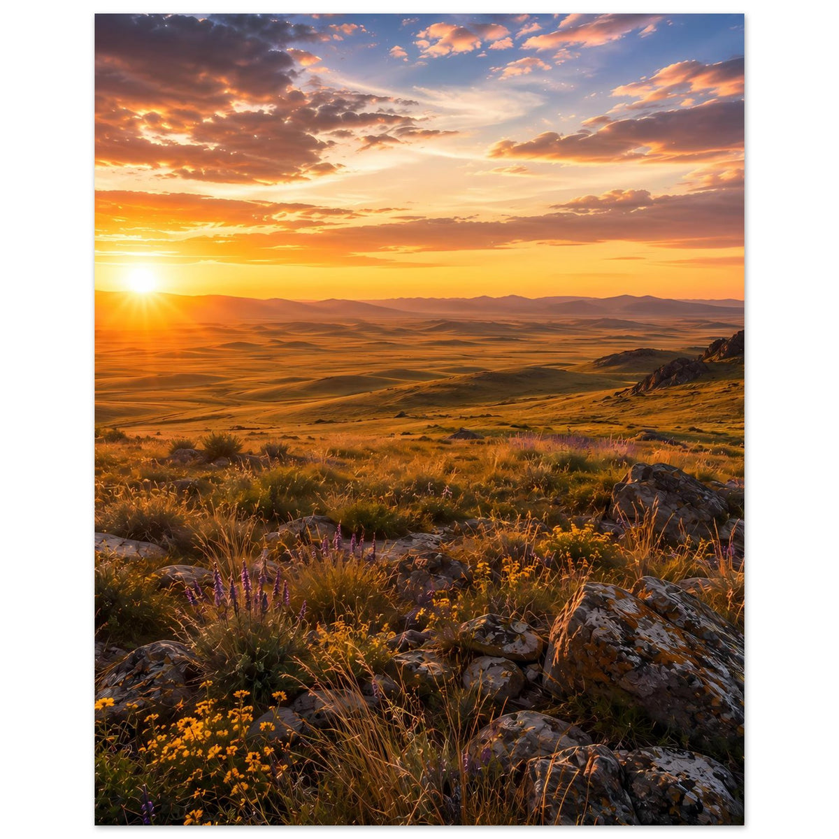 Naturposter im Hochformat: Sonnenuntergang über der Landschaft, goldene Farben, Blumen, Gräser und Felsen