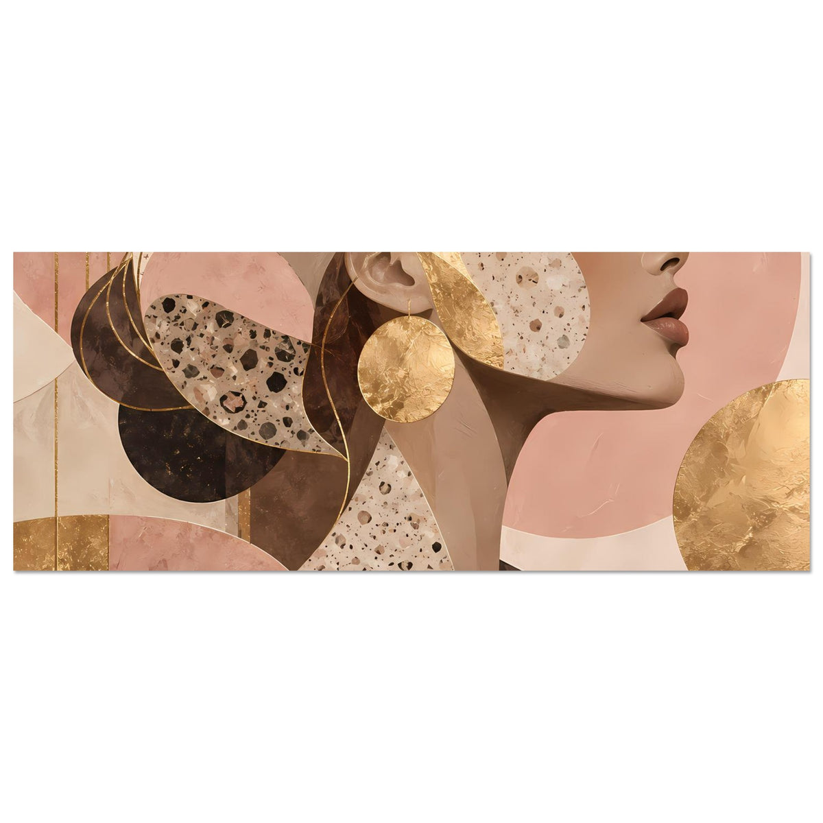 Kunst-Poster im Querformat mit Frauenprofil-Illustration in warmen Erdtönen und Goldakzenten