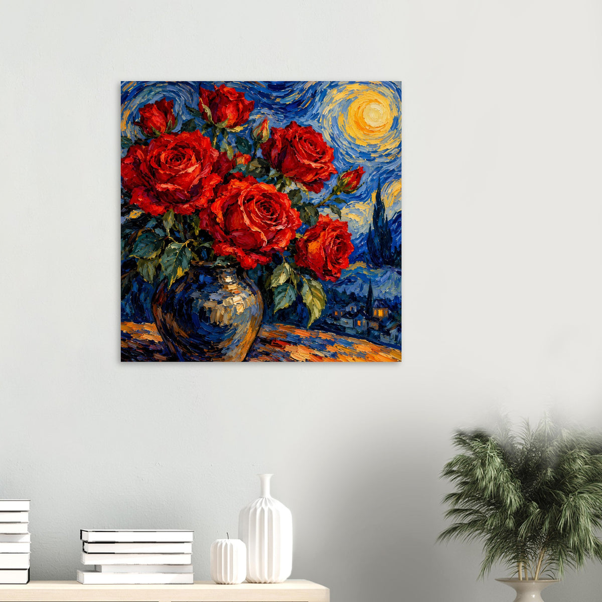 Poster mit roten Rosen in Vase und blau-gelbem Nachthimmel, kräftige Farbflächen