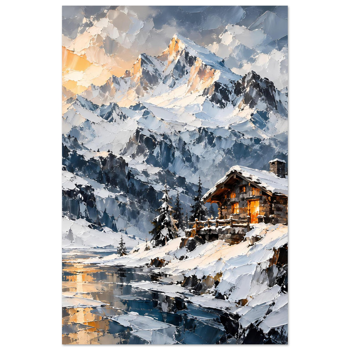 Poster Winterlandschaft: verschneite Alpen mit Berghütte, warm beleuchteten Fenstern im Tal