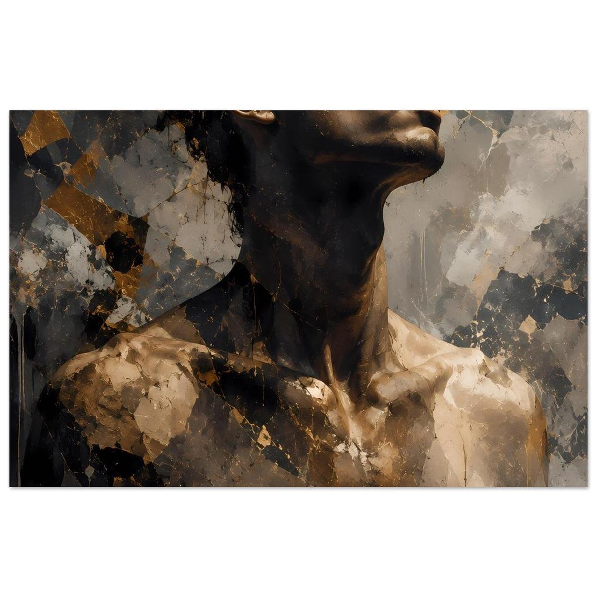 Horizontales Kunstposter: abstraktes Männerportrait als Büste, schwarze und goldbraune Farbflächen.