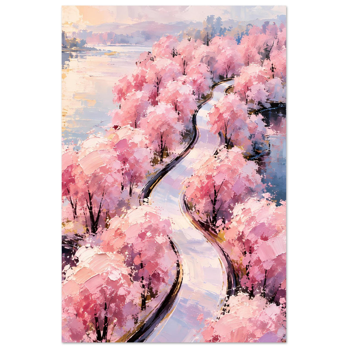 Wandposter mit rosa Blütenbäumen, Wasserblick und geschwungenem Weg