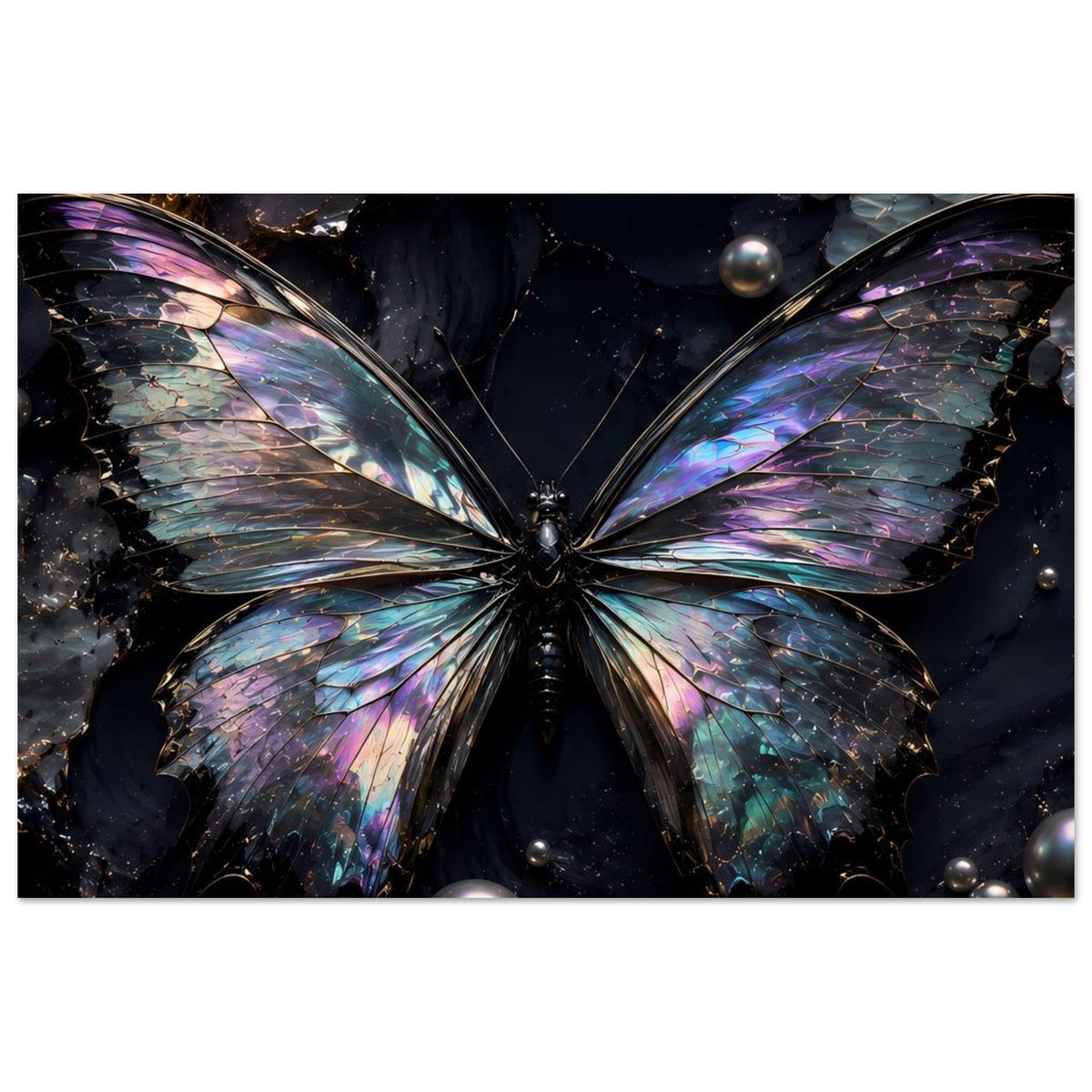 Schmetterling-Poster mit schillernden Flügeln, mittig platziertem Falter und kräftigen Farbübergängen.