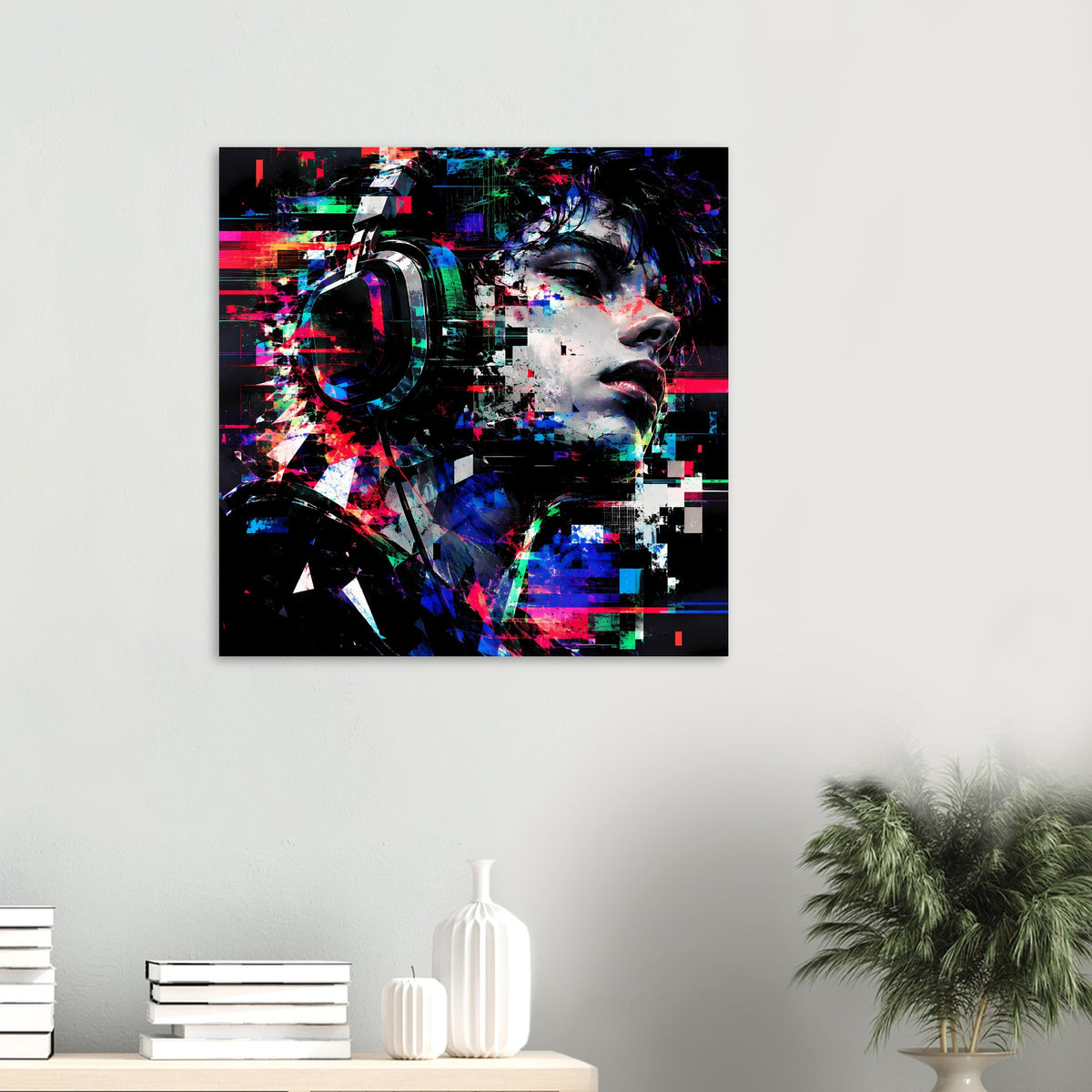 Quadratisches Poster mit digitalem Gesicht, Neon-Glitch-Design und bunten Pixel-Kacheln