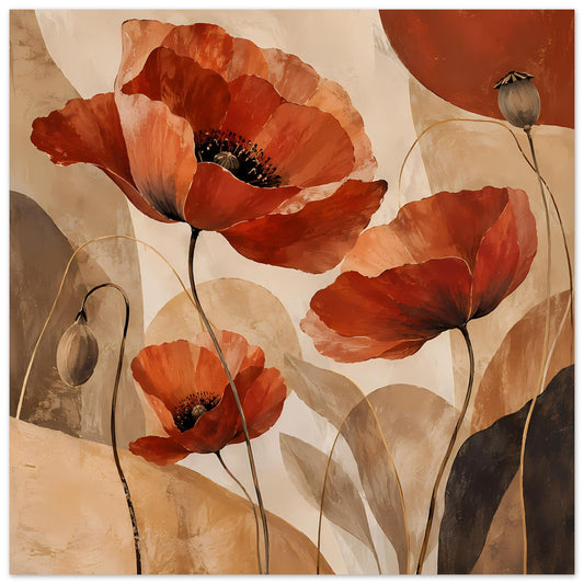 Botanisches Poster mit roten Mohnblumen und schlanken Stielen in warmen Farbtönen