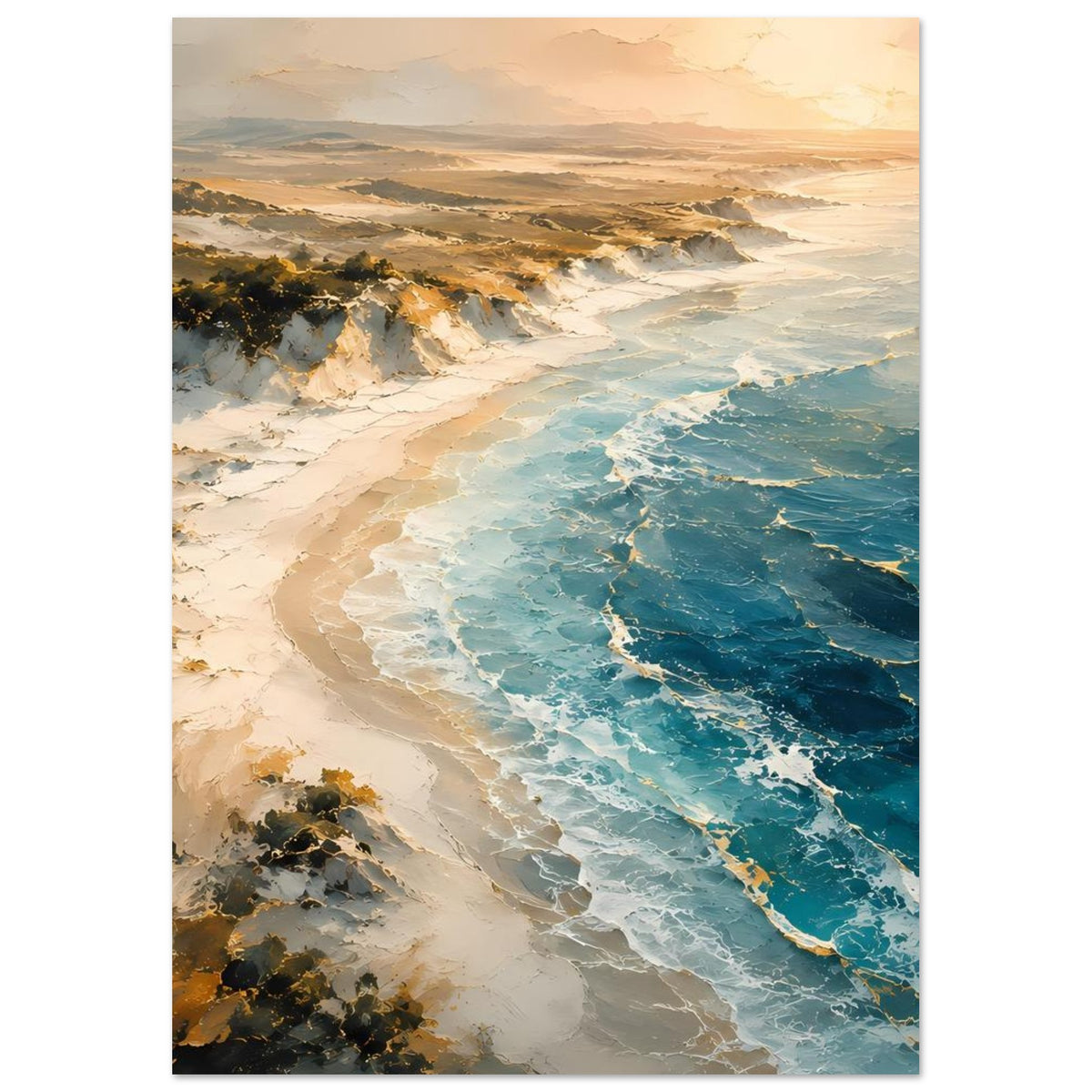Poster (Hochformat) mit geschwungener Sandküste, türkisblauem Wasser und Schaumwellen