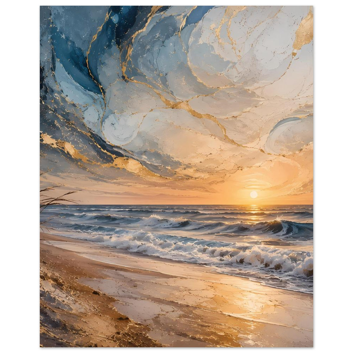 Hochformatiges Meer-Poster mit Strand und goldener Abendsonne, kräftige Blautöne
