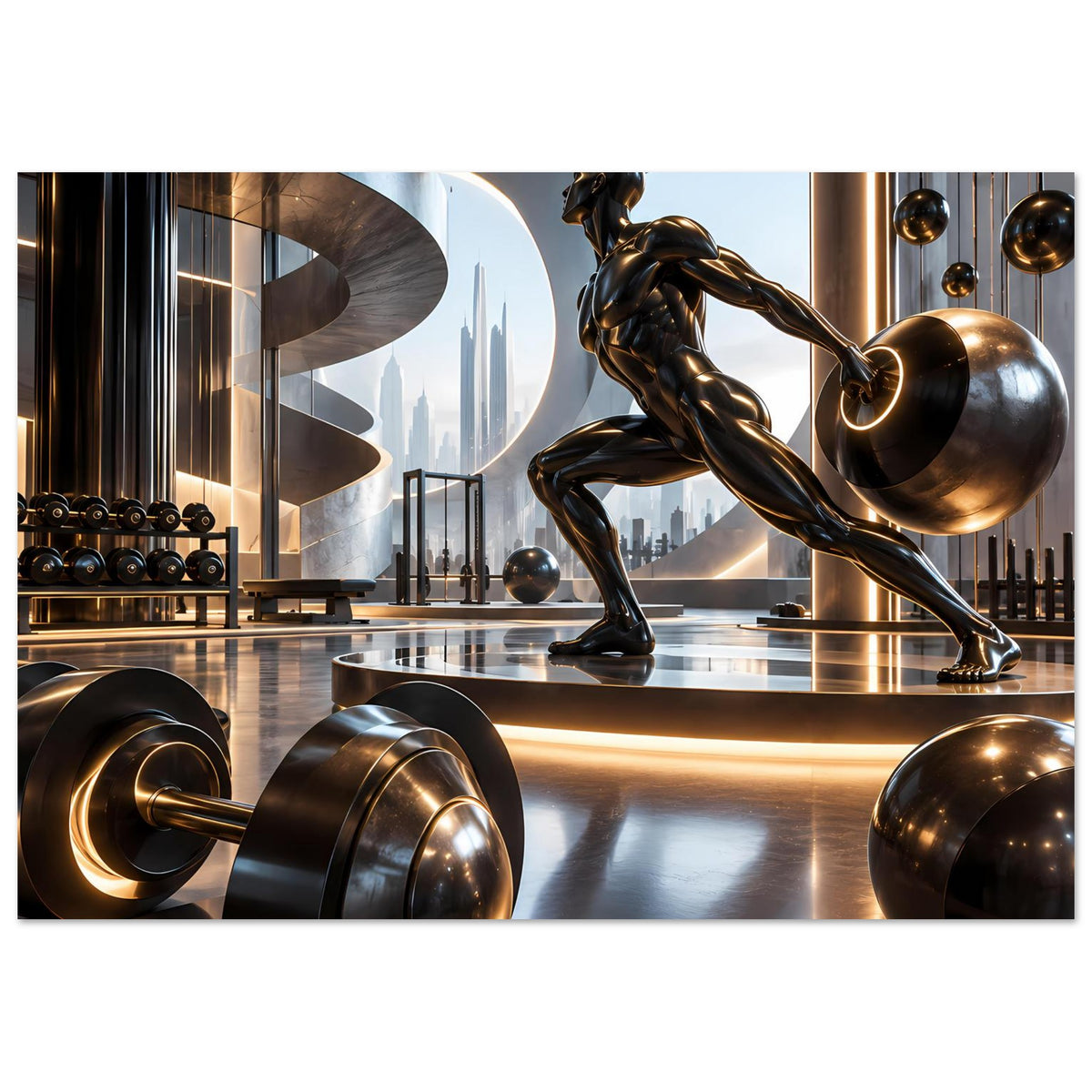 Fitness-Poster: Sportstatue mit großen Hanteln und Trainingsgewichten im Studio