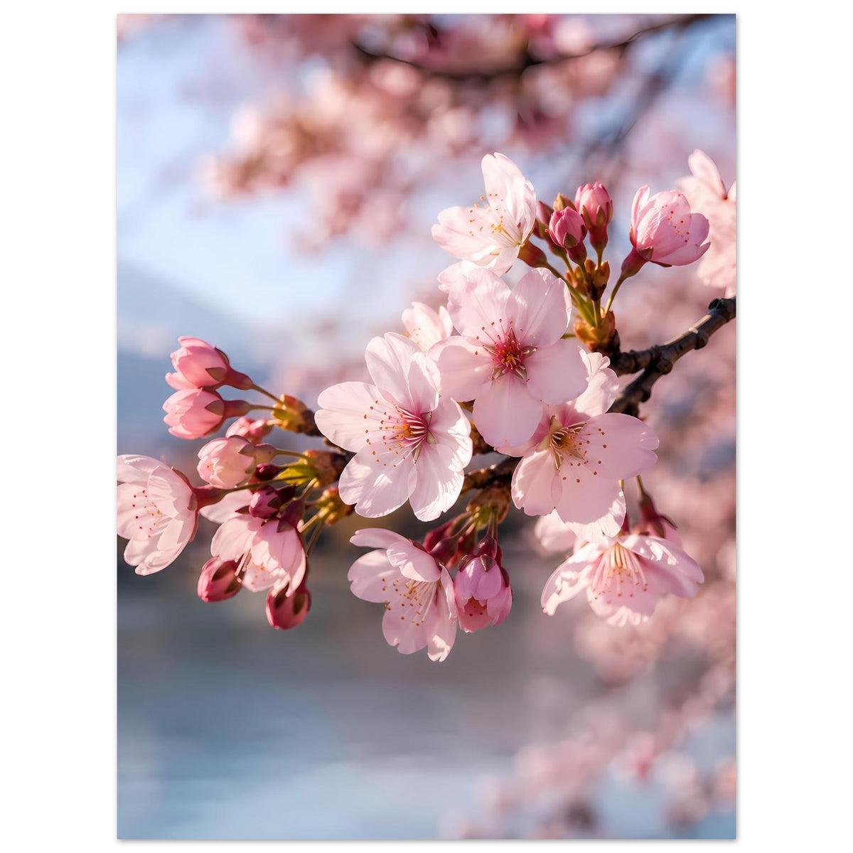 Wandposter mit Kirschblütenzweig, rosa Blütenköpfe und Knospen, zartes Bild