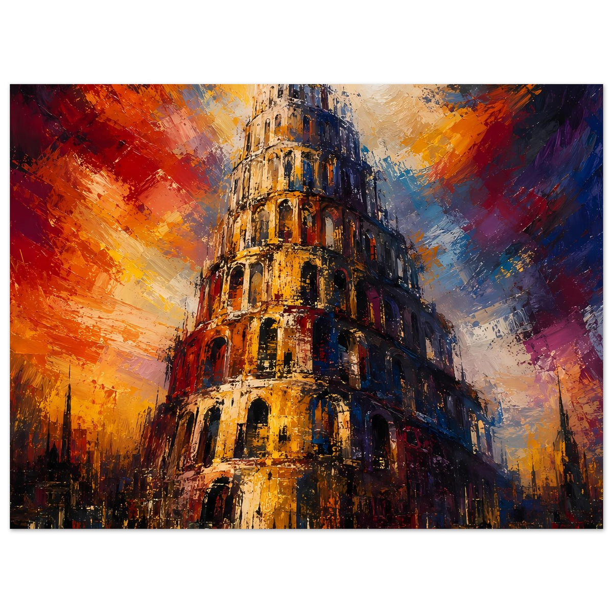 Druckposter Turm von Babel mit detaillierter Fassade, leuchtende Farbakzente, Querformat.