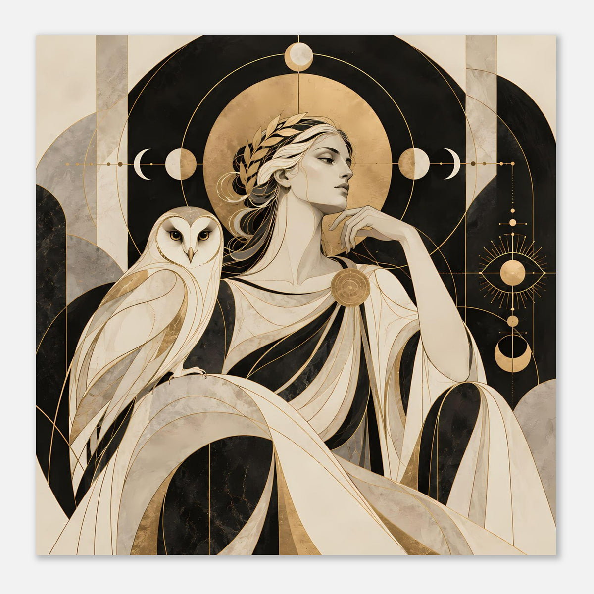 Kunstposter mit Frau im Profil und Eule, runde Schmuckelemente und Linien in Gold
