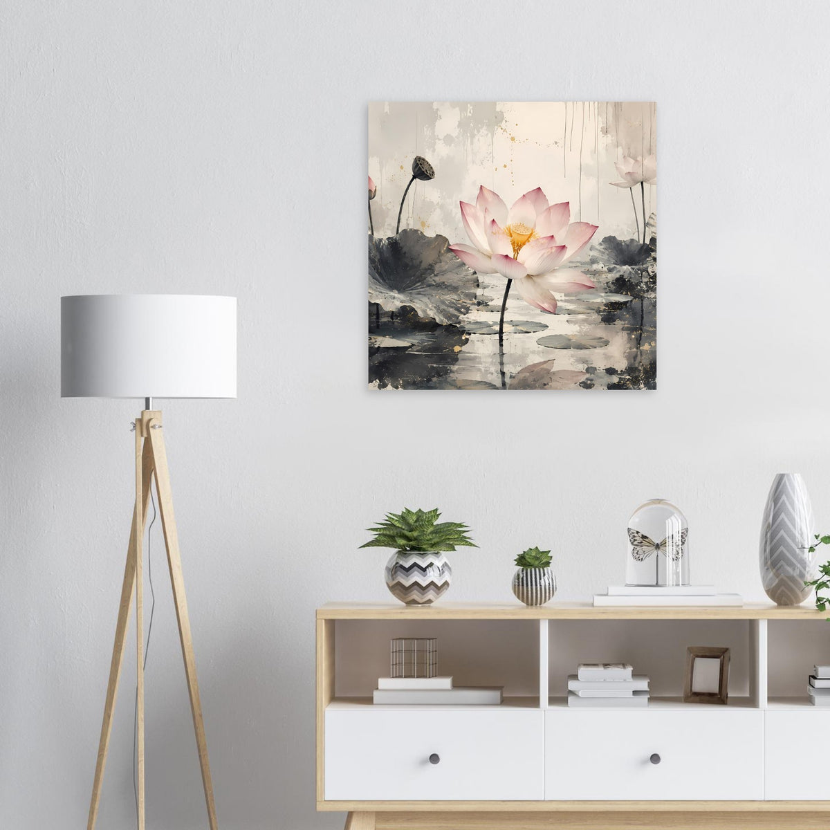 Zen-Poster: rosa Lotusblüte auf grauem Seerosenteich, abstrakte Tinten- und Aquarelloptik