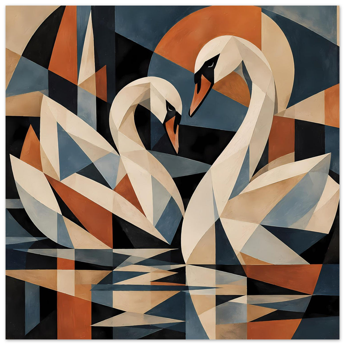 Kubistisches Schwanen-Poster im Querformat mit Schwanenkontur in Dunkelblau, Orange und Beige