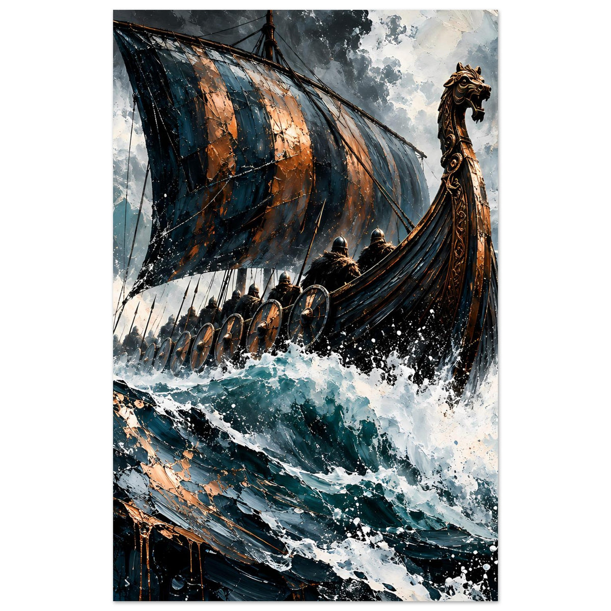 Vertikales Poster: Langschiff unter Segeln im Sturm, Drachenkopf-Bug, bewegte Gischt
