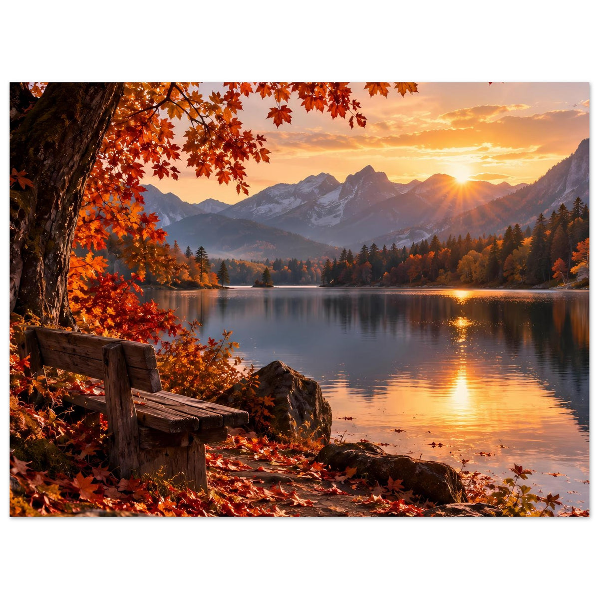 Herbstlandschafts-Poster: Seeufer mit Holzzaun, orangefarbenen Blättern und Sonnenstrahlen über Bergen