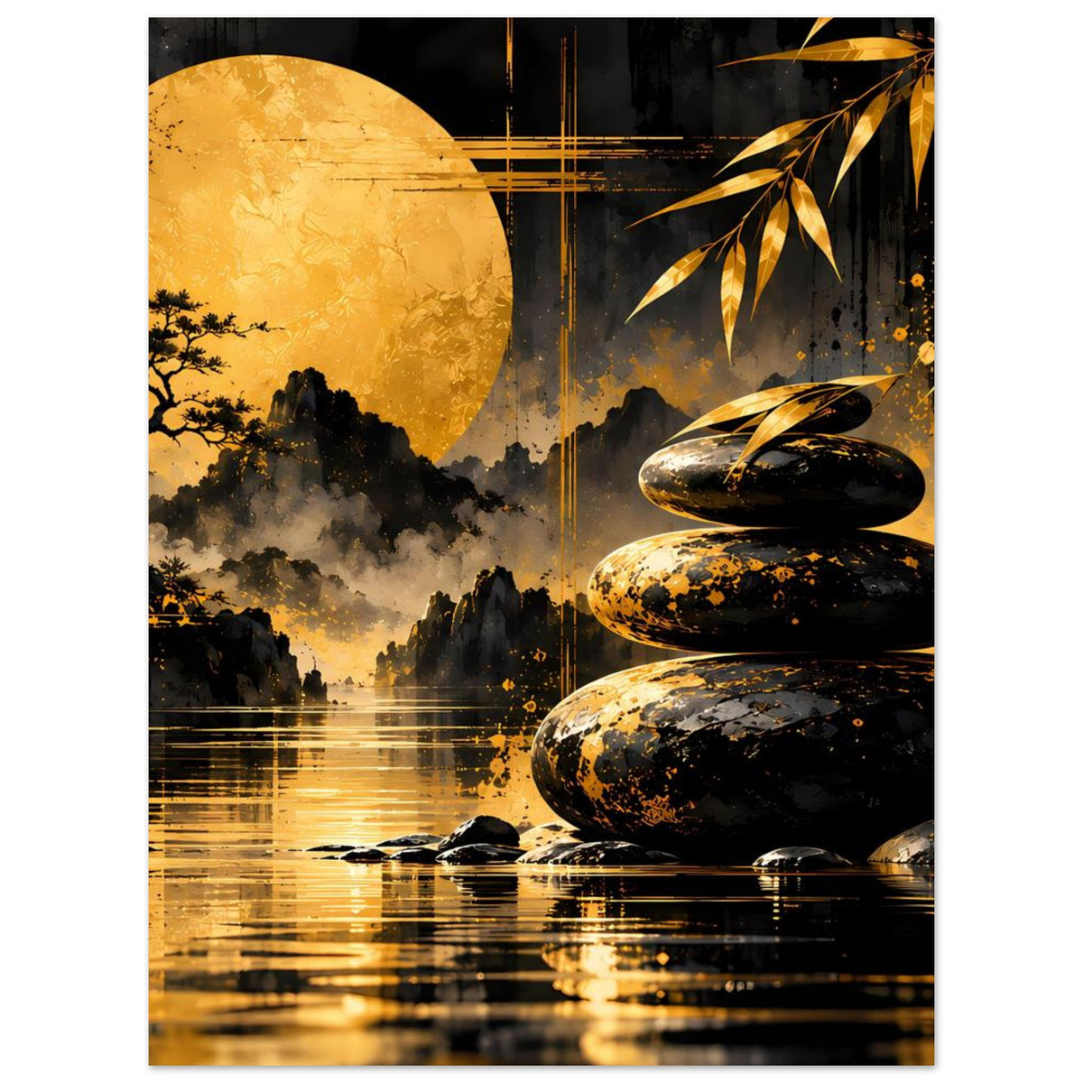 Poster mit Zen-Motiv: goldener Mond, schwarze Steinsäulen und Bambus, vertikal