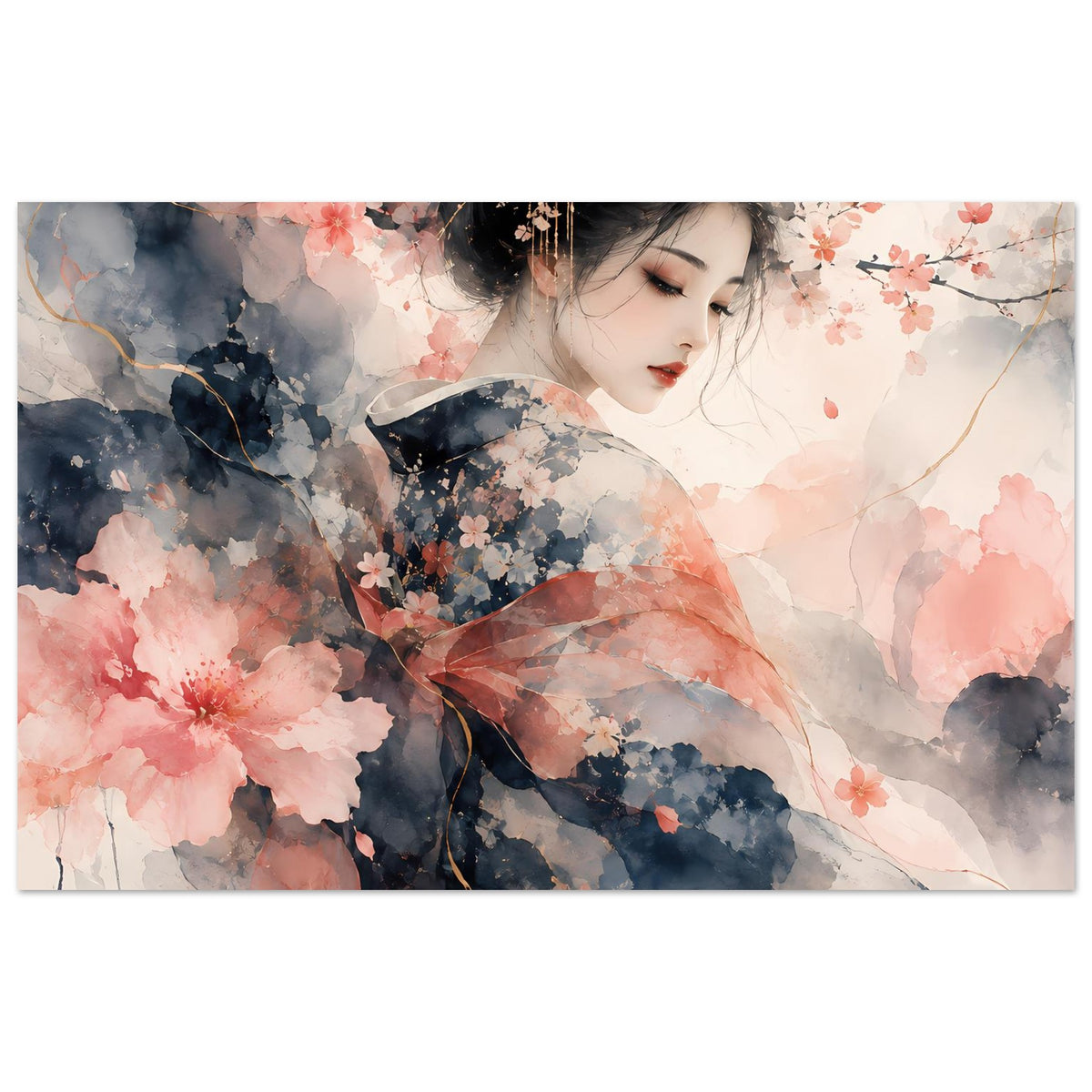 Querformat-Poster mit Aquarellmotiv: ruhige Frau, Kirschblüten in Blau und Rosa