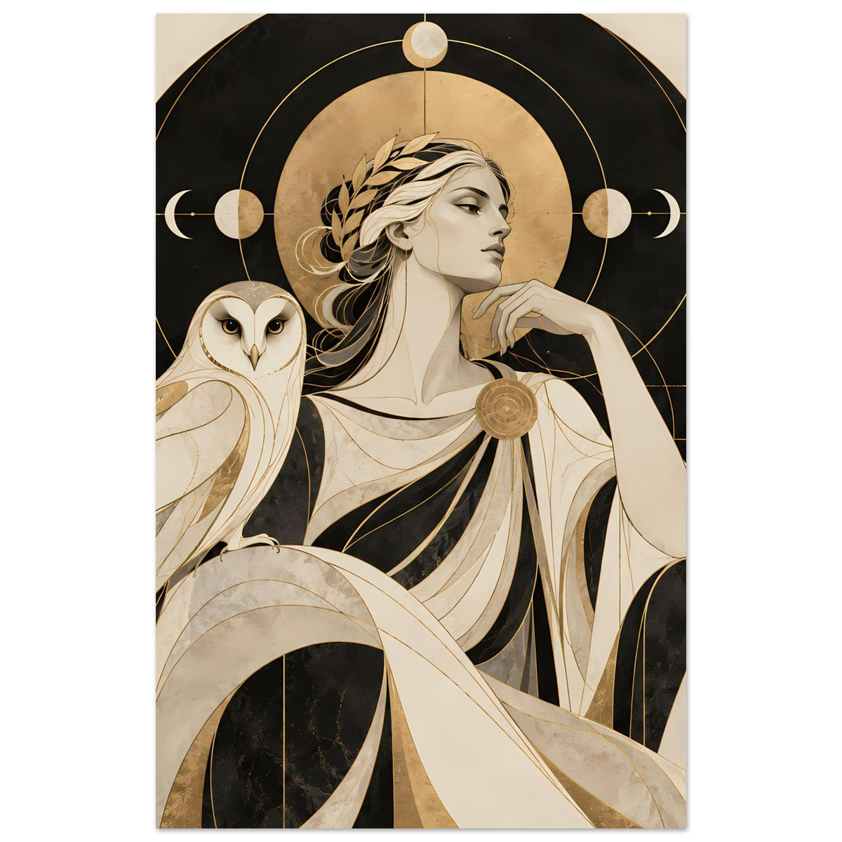 Kunstposter in Hochformat mit Profilfrau, Eule links und goldenen Kreissymbolen, schwarz