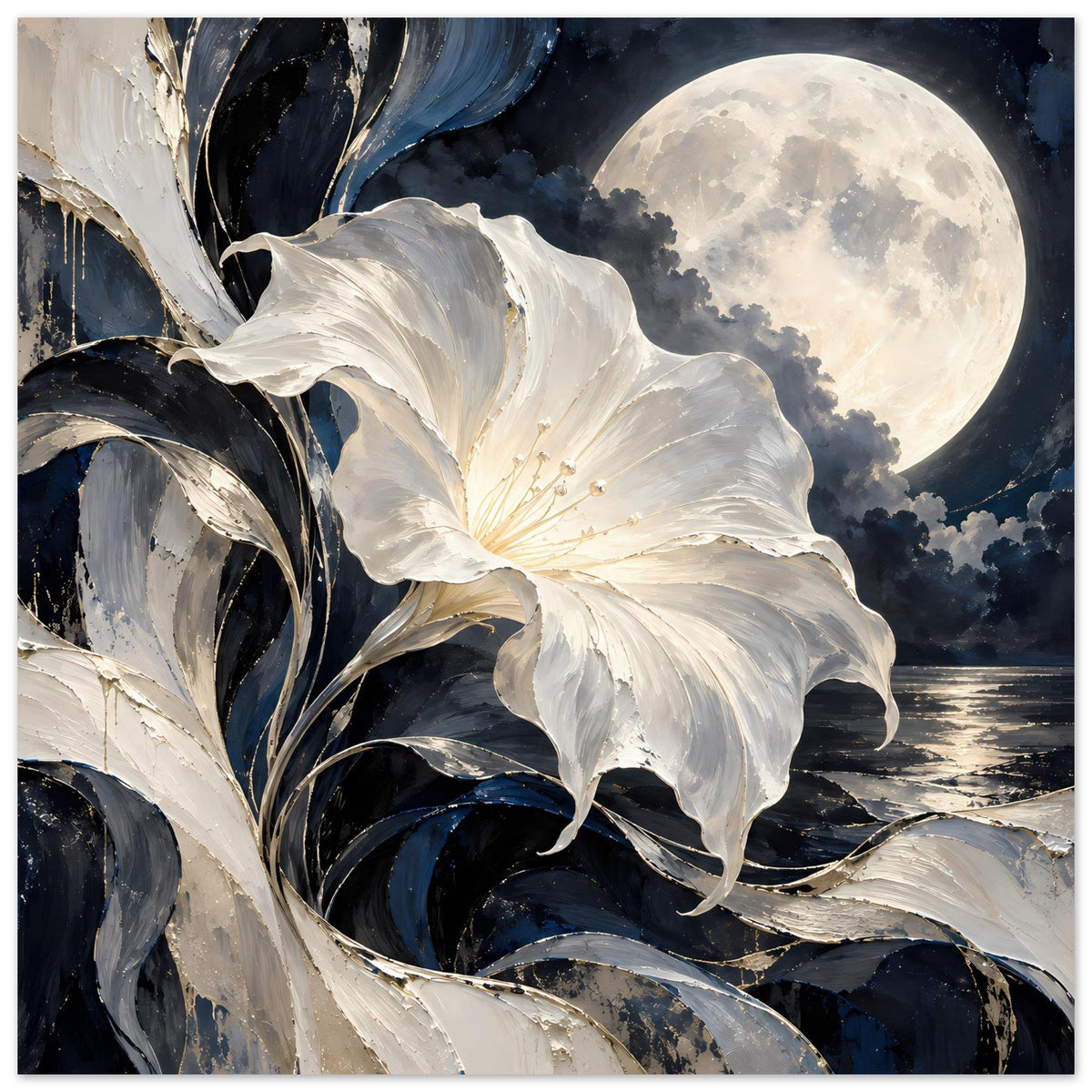 Blumenposter im Mondlicht mit weißer Blüte, dunklen Blättern und hellem Vollmond am Himmel