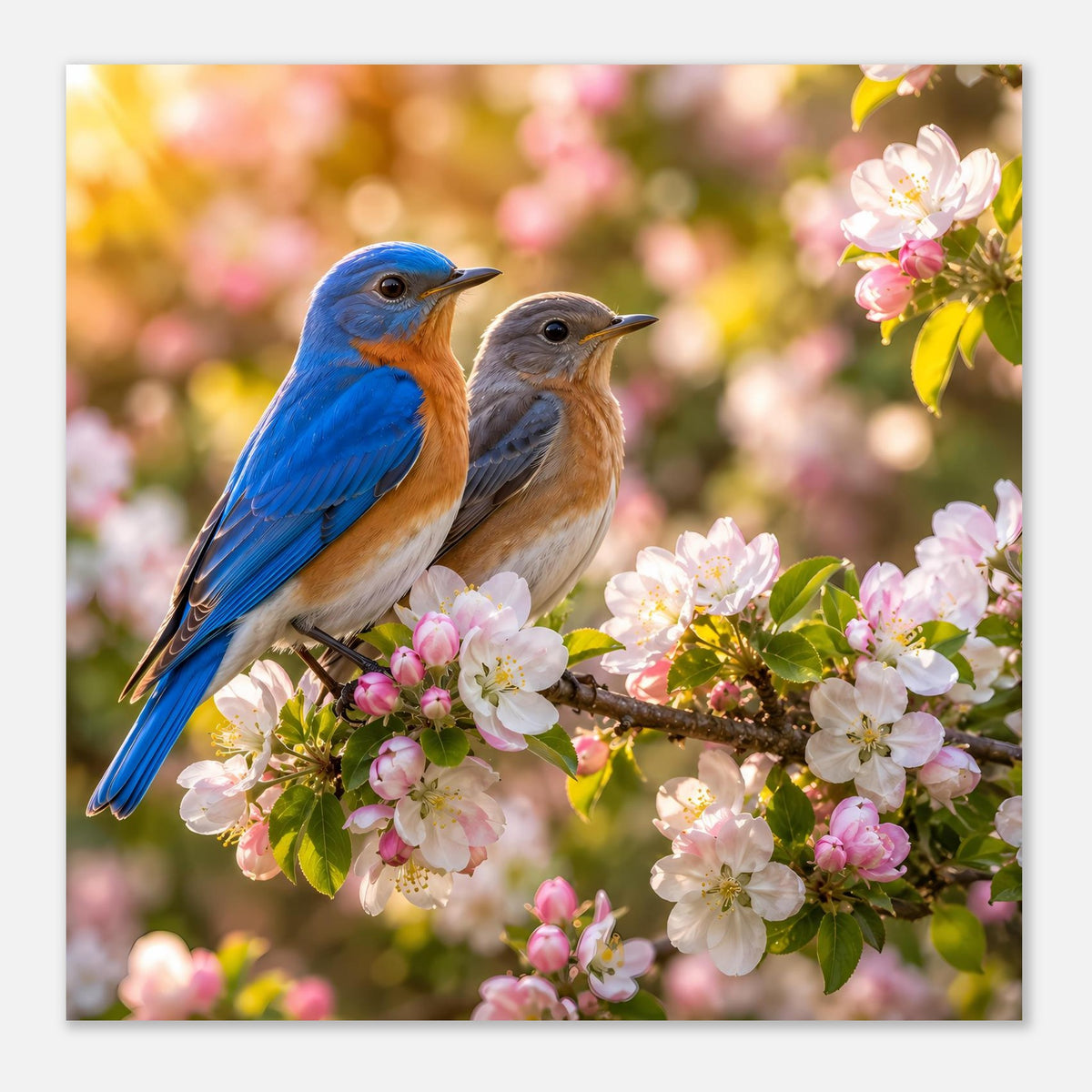 Vogelposter (klein): Zwei Vögel auf blühendem Zweig mit rosa und weißen Blüten