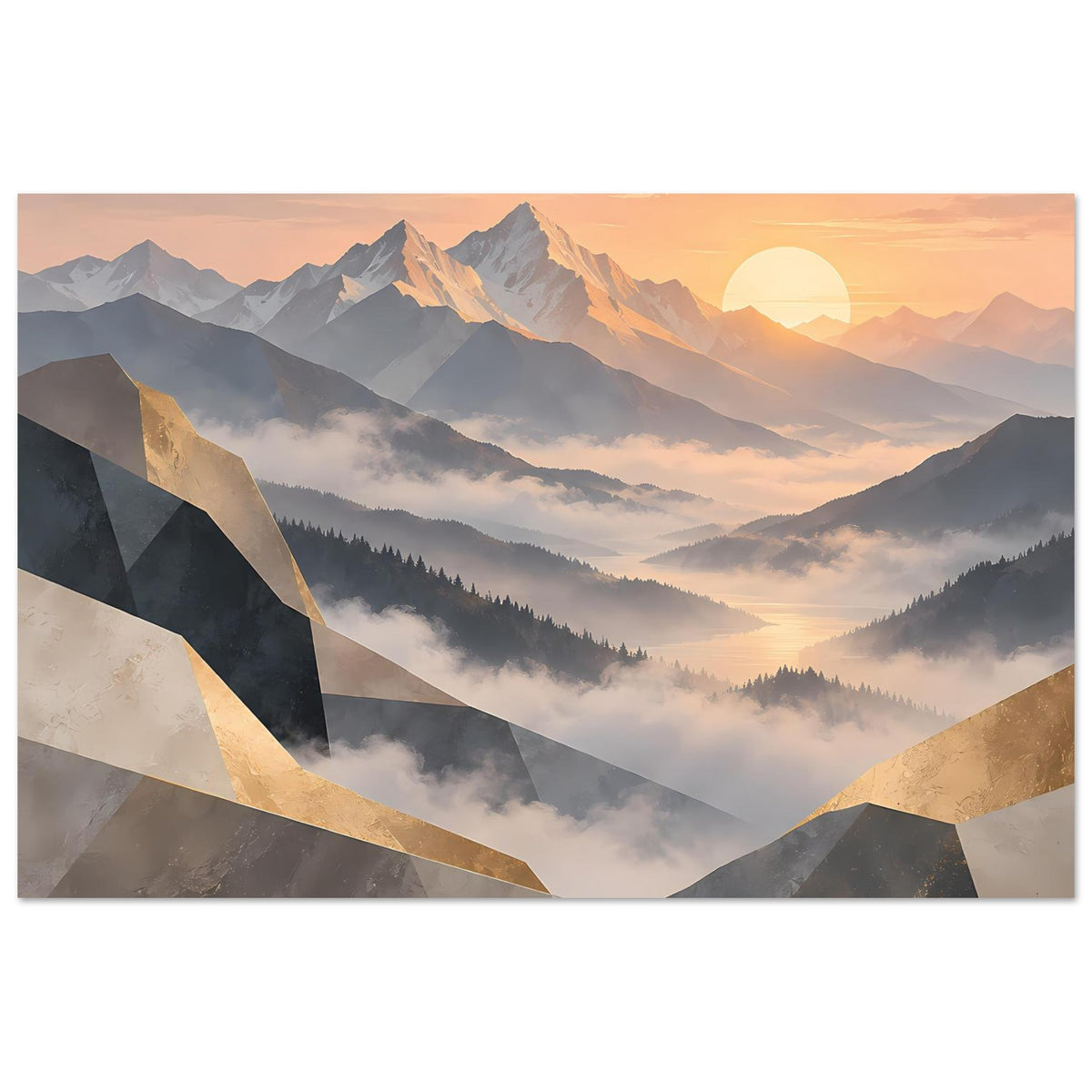 Poster im Bergdesign: Sonnenaufgang über Tälern, goldene geometrische Bänder, Nebel