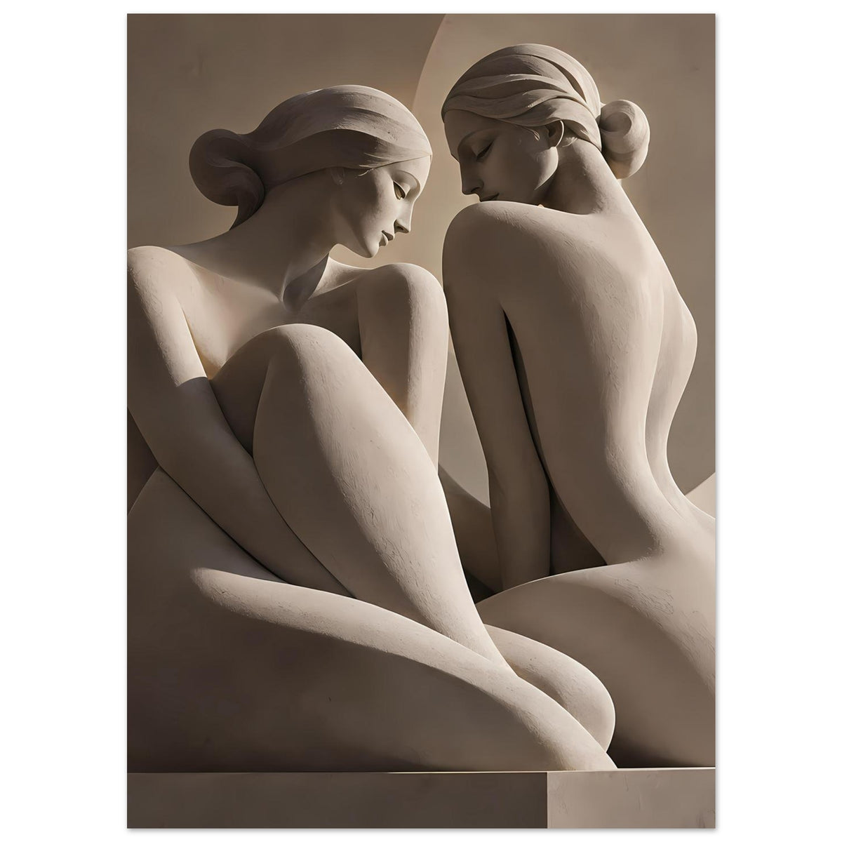 Kunstposter mit zwei nackten Skulpturenfiguren, cremefarbene Darstellung in Sitzpose