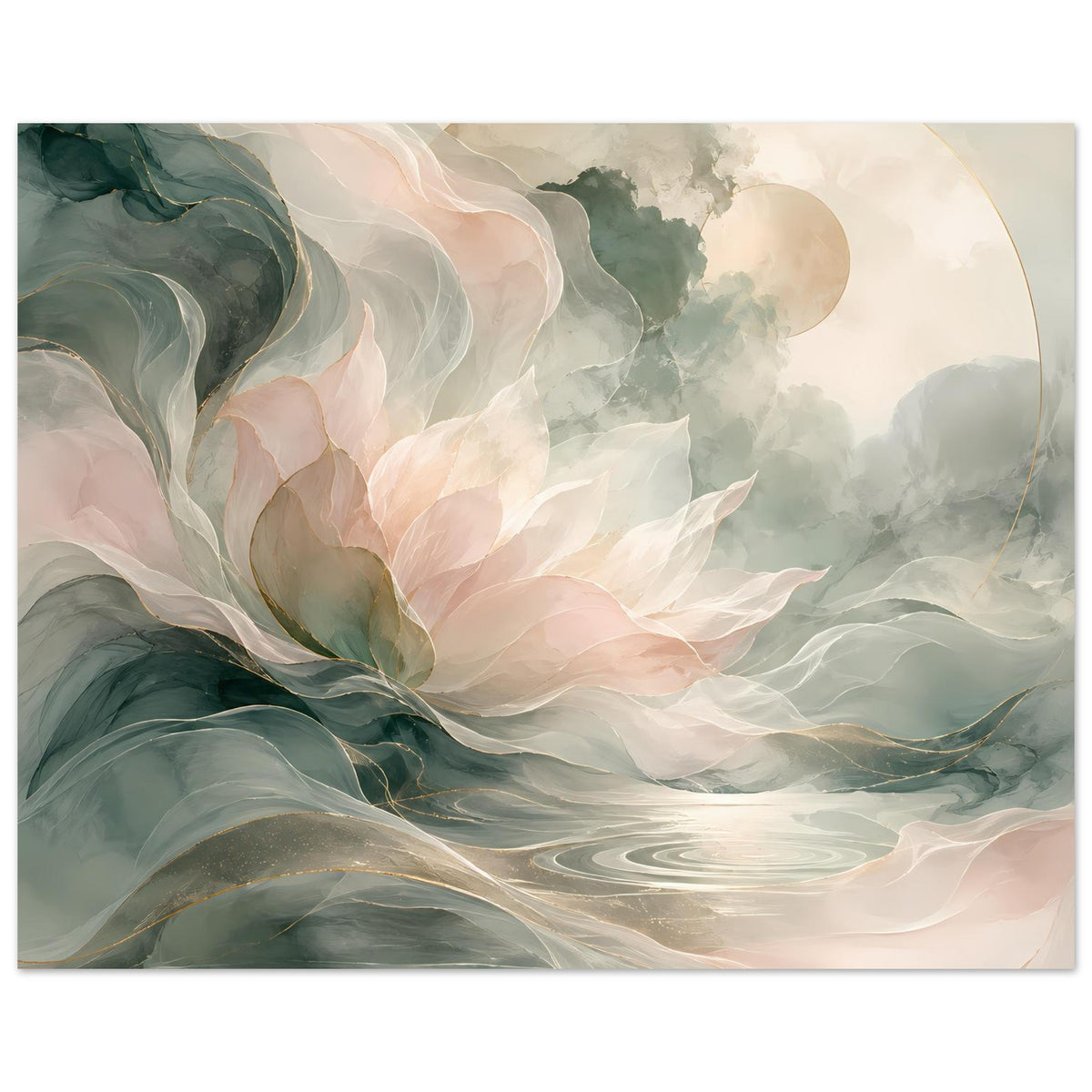 Horizontales Poster mit abstrakten Blüten und Wellen, Salbeigrün, Pastellrosa und Beige